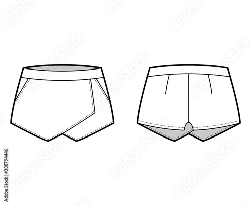 Skirt skort shorts skort technical fashion illustration with mini length silhouette, pencil fullness, thin waistband. Flat bottom template front, back, white color style. Women, men, unisex CAD mockup