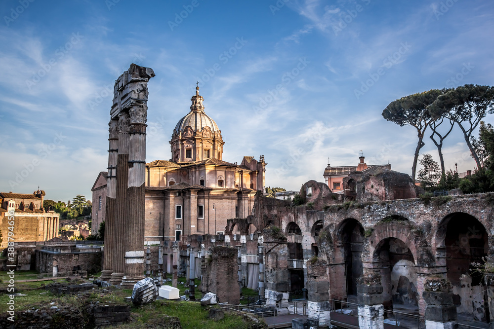 Ruins of ancient temples in Roman forums. Rome, Lazio, Italy.