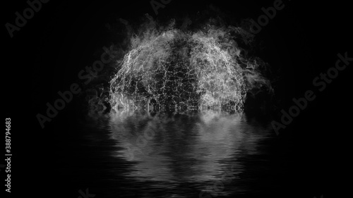 Abstract blurred plexus effect background. Fire planet earth with particles on reflection in water. Mess communication technology network background with moving lines and dots. Stock illustration.