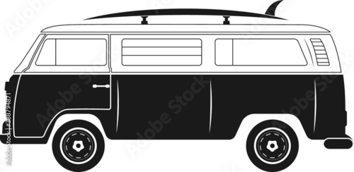 Surfer Van, Surfer Van Symbol, Vector illustration, surfer bus silhouettes isolated on white background. Surfer Van Clip Art, Surfer Van Silhouette
