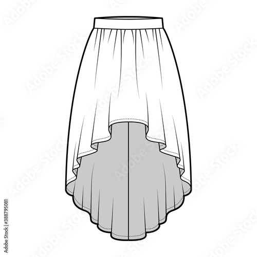 Skirt high low technical fashion illustration with knee-ancle silhouette, semi-circular fullness, thick waistband. Flat bottom template front, white color style. Women, men, unisex CAD mockup