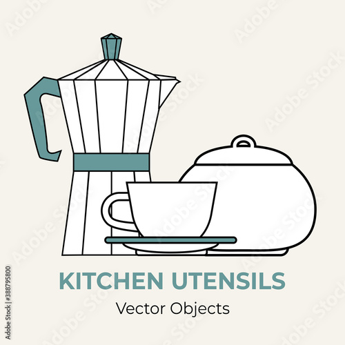 Moka pot coffeemaker cup sugar bowl simple form vector illustration. Line illustration isolated logo icon cafe menu banner. White pot for coffee shop. Moka pot demitasse sugar pot isolated background