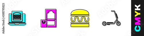 Set Online ordering burger delivery, and, Burger and Scooter icon. Vector.