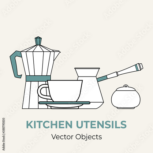 Coffee concept vector illustration. Moka pot cezve coffeemaker cup sugar bowl simple form. Line illustration isolated logo icon cafe menu banner coffee shop Moka pot demitasse sugar isolate background