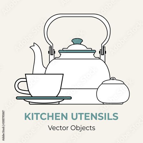 Kettle tea cup saucer sugar bowl simple form vector illustration. Line illustration isolated logo icon cafe menu banner. White pot for coffee shop. Kettle teapot demitasse sugar pot isolate background