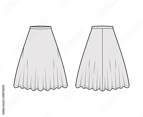 Skirt midi round technical fashion illustration with knee lengths silhouette, circular fullness, thin waistband. Flat bottom template front, back, grey color style. Women, men, unisex CAD mockup