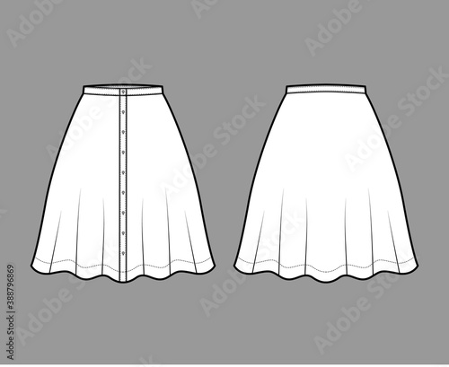 Skirt button down technical fashion illustration with semi-circular knee silhouette fullness. Flat bottom template front, back, white color style. Women, men, unisex CAD mockup