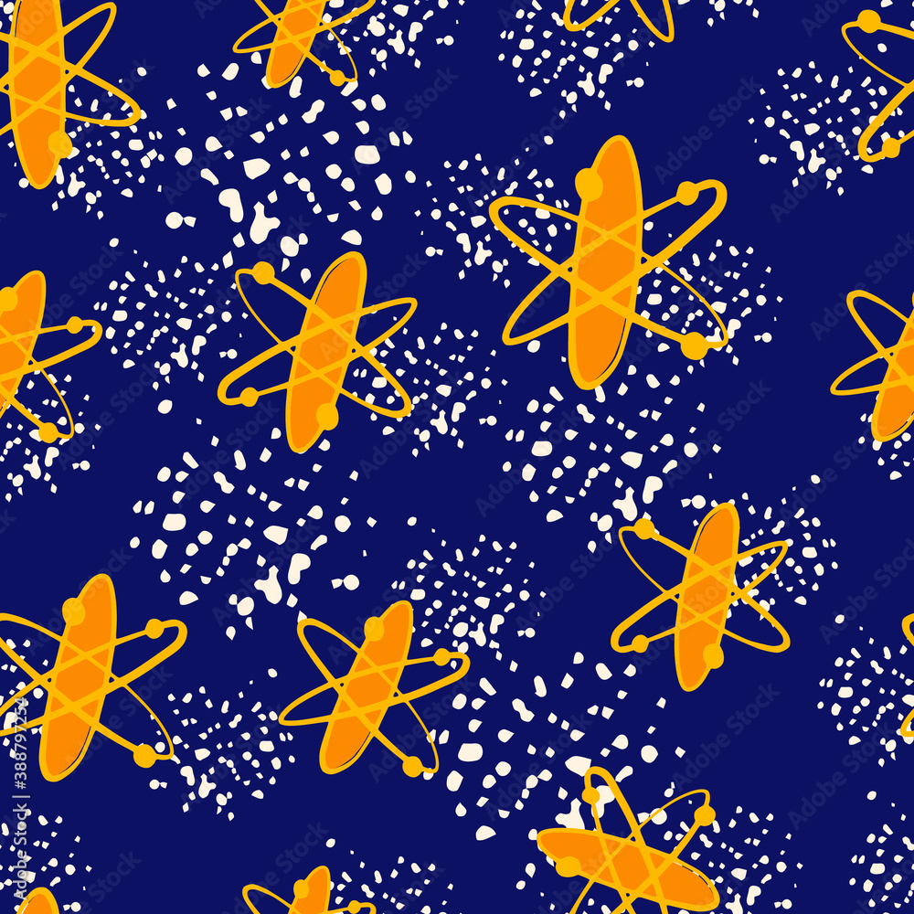 Random seamless bright pattern with prange molecule formula elements. Navy blue background with white splashes. Random seamless bright pattern with prange molecule formula elements. Navy blue background with white splashes.