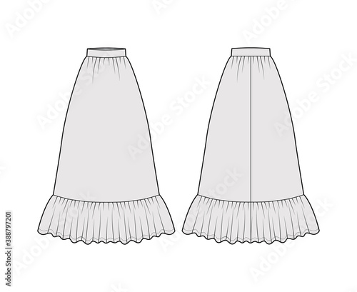 Skirt prairie dirndl technical fashion illustration with floor ankle lengths, semi-circular fullness, thick waistband. Flat bottom template front, back, grey color style. Women men unisex CAD mockup
