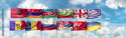 3D Illustration with national flags of the twelve countries which are full member states of The Black Sea Economic Cooperation (BSEC) organization