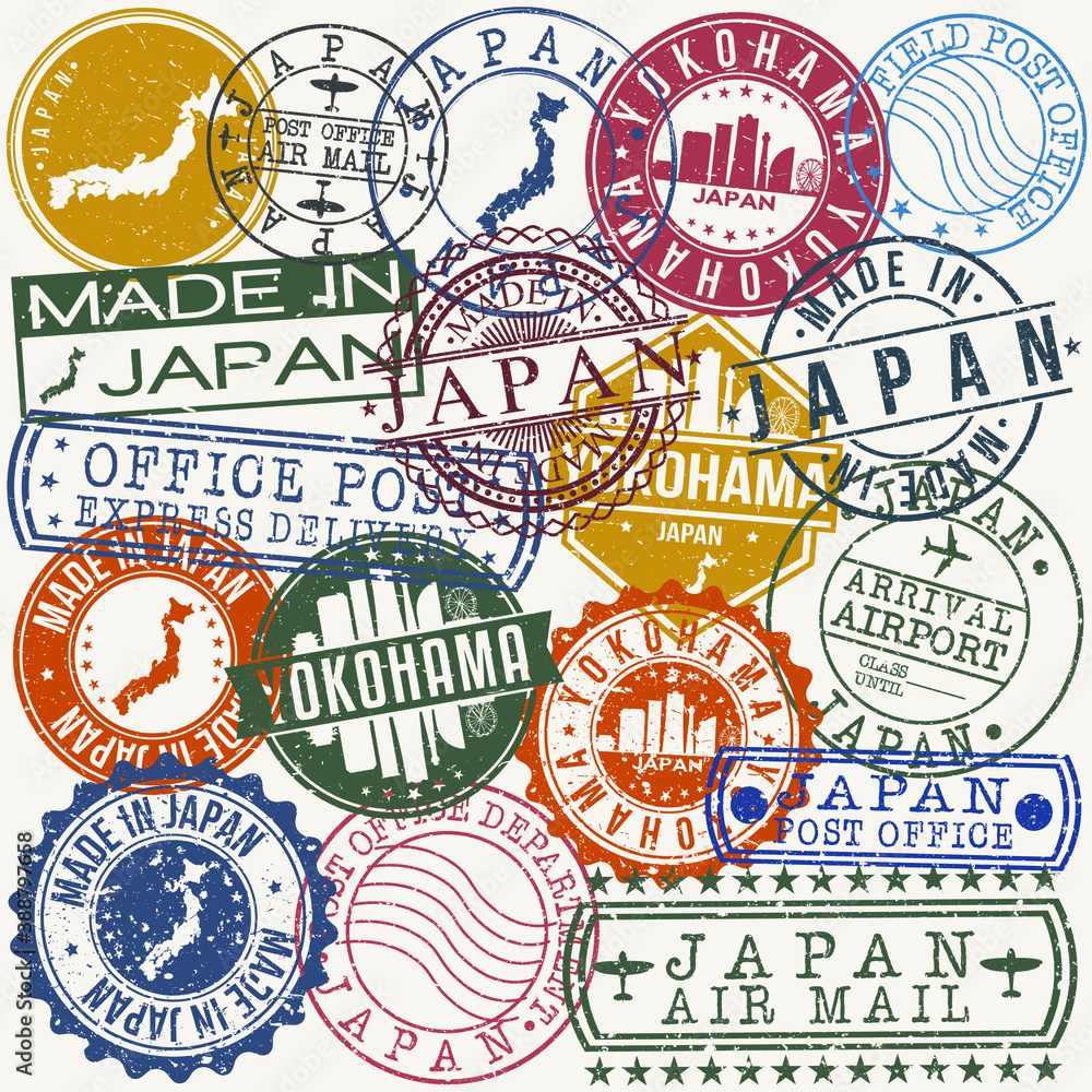 Yokohama Japan. Set of Stamps. Travel Stamp. Made In Product. Design Seals Old Style Insignia.