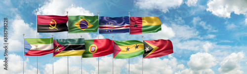 3D Illustration with national flags of the nine states which are full members of the Community of Portuguese Language Countries (Lusophone Commonwealth or CPLP) photo