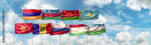 3D Illustration with national flags of the nine countries which are full member states of The Commonwealth of Independent States (CIS or Russian Commonwealth) regional intergovernmental organization photo