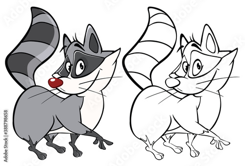 Vector Illustration of a Cute Cartoon Character Raccoon  for you Design and Computer Game. Coloring Book Outline Set 