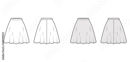 Skirt flared skater technical fashion illustration with above-the-knee silhouette, semi-circular fullness. Flat bottom template front, back, white grey color style. Women, men, unisex CAD mockup