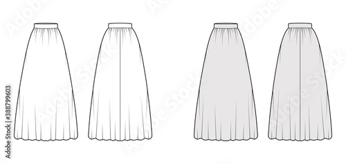 Skirt maxi dirndl technical fashion illustration with floor ankle lengths silhouette, semi-circular fullness. Flat bottom template front, back, white grey color style. Women men unisex CAD mockup