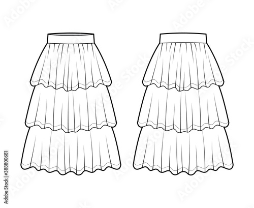 Skirt layered ruffle tiared flounce technical fashion illustration with below-the-knee lengths, circle silhouette. Flat bottom template front, back, white color style. Women men unisex CAD mockup