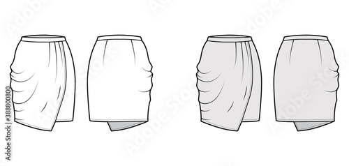 Skirt drapped technical fashion illustration with straight semi fitted knee silhouette, pencil fullness, thin waistband. Flat bottom template front, back, white grey color style. Women, men CAD mockup