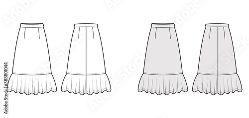 Skirt midi prairie dirndl technical fashion illustration with mid-calf lengths, semi-circular fullness, thick waistband. Flat bottom template front, back, white grey color style. Women men CAD mockup