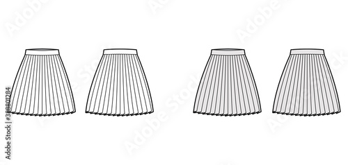 Skirt pleat technical fashion illustration with above-the-knee silhouette, circular fullness, thick waistband. Flat bottom template front, back, white grey color style. Women, men, unisex CAD mockup