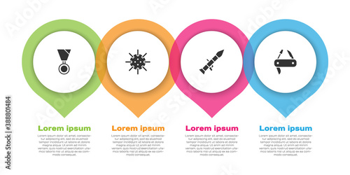 Set Military reward medal, Naval mine, Rocket launcher and Swiss army knife. Business infographic template. Vector.