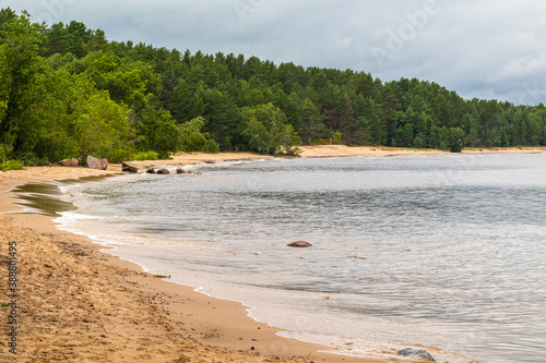 the coast of a natural reservoir,the sea with brown stones, sand, running waves against the background of a forest with green trees are beautiful