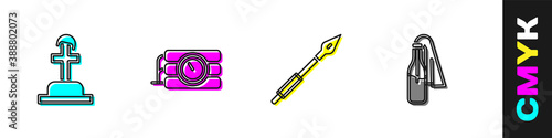 Set Soldier grave, Dynamite and timer clock, Medieval spear and Cocktail molotov icon. Vector.