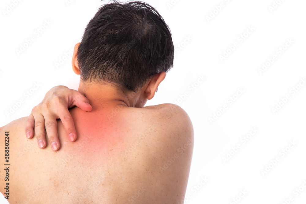 Sore pain of shoulder. Sprain and arthritis symptoms. middle age man holding his hurt shoulder