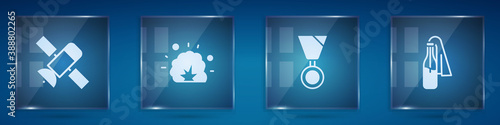 Set Satellite, Bomb explosion, Military reward medal and Cocktail molotov. Square glass panels. Vector.