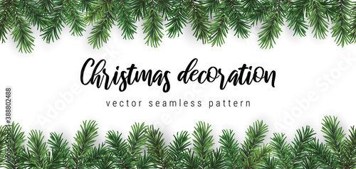 Vector seamless coniferous branch christmas horizontal pattern or frame isolated on white background