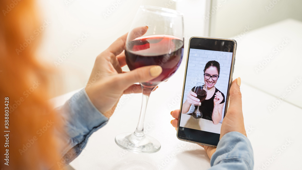 The women talk over video communication on the phone and drink red wine. The quarantined girl is not making a video call The women talk over video communication on the phone and drink red wine. The quarantined girl is not making a video call