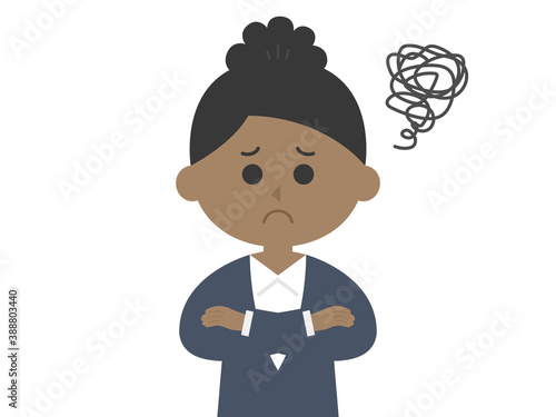 腕を組んで悩む黒人ビジネスウーマンのイラスト