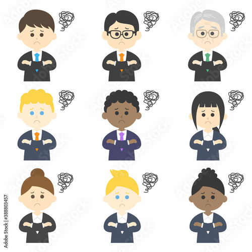 腕を組んで悩むビジネスマンのイラストセット