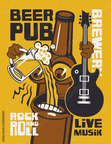 Banner for beer pub with live rock-n-roll music. Vector illustration in a cartoon style with inscriptions and a cheerful bottle of beer that holds a guitar and a full glass of beer