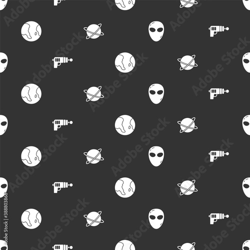 Set Alien, Ray gun, Earth globe and Satellites orbiting the planet on seamless pattern. Vector.