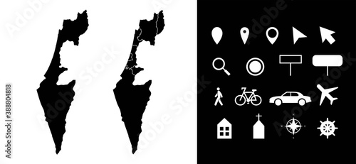 Map of Israel administrative regions departments, icons. Map location pin, arrow, man, bicycle, car, airplane.