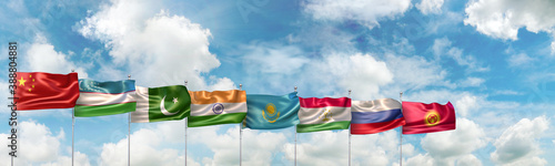 3D Illustration with national flags of the eight countries which are full member states of the Shanghai Cooperation Organization (SCO) international alliance photo