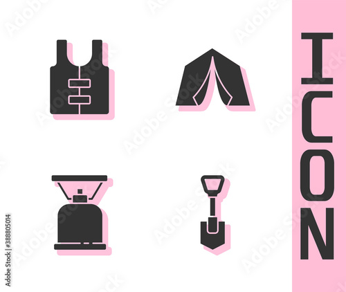 Set Shovel, Life jacket, Camping gas stove and Tourist tent icon. Vector.