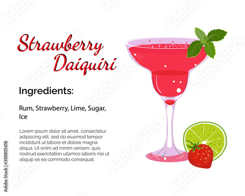 Strawberry daiquiri cocktail with place for ingredients and recipe isolated on a white background. Cocktail card template. 