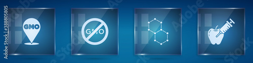 Set GMO, No, Chemical formula and Genetically modified apple. Square glass panels. Vector.
