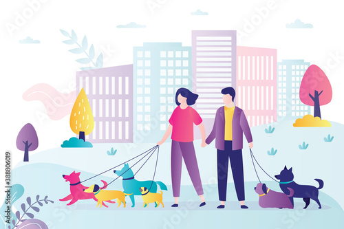 Love couple walks with pets in park. Dog active walkers with leash. Weekend, people spend time together.