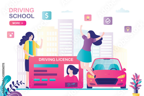 Woman teacher give driver licence for female student. Happy new driver after passing the driving test. Modern vehicle near. Driving school