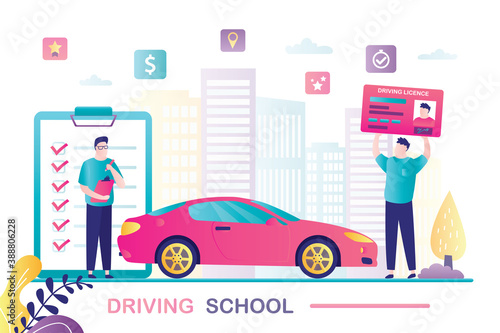 Teacher or instructor controls quality of training. Male student holds driver licence. Modern vehicle near. Driving school banner.