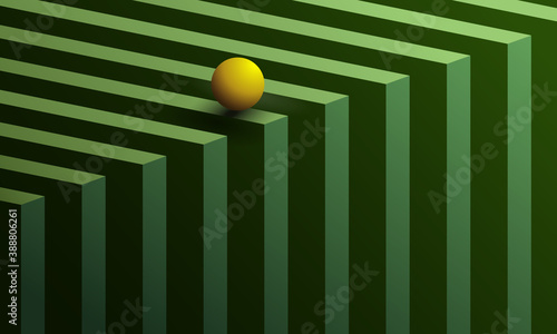 Small yellow sphere rolling over green geometric pattern. 3D imitation in vector illustration.