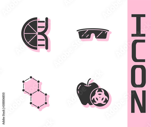 Set Genetically modified apple, orange, Chemical formula and Laboratory glasses icon. Vector.
