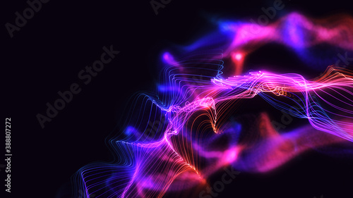 Bright glowing dynamic waves background illustration. Multi-colours line particles with beautiful bokeh effect. Digital 3d concept art