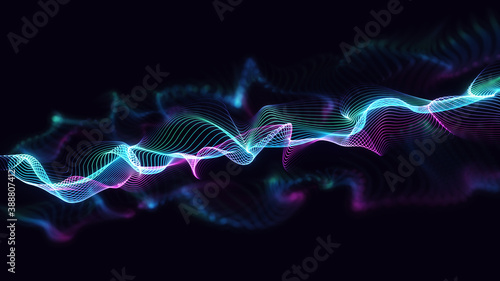 Dynamic wavy lines background. Glowing multi-colour line particles with beautiful bokeh effect. Digital 3d illustration concept