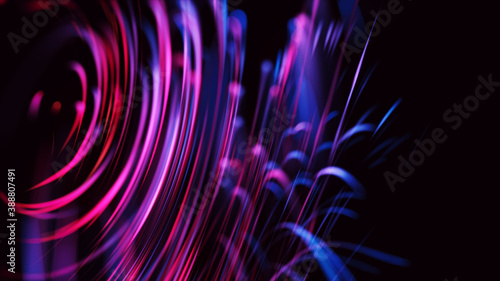 Futuristic digital artwork. Glowing motion streaks and light traces on dark background