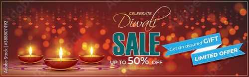 Diwali Festive Season Sale banner, up to 50% cashback. Limited offer Dipawali, Indian festival, diya lamp, oil lamp, colorful bokeh background, vector illustration offer banner, advertisement