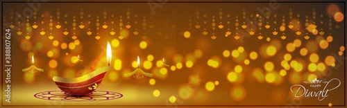 PrintVector greeting of Happy Diwali, Dipawali, Indian festival, festival of lights, diya lamp, oil lamp on beautiful pattern, colorful bokeh background.